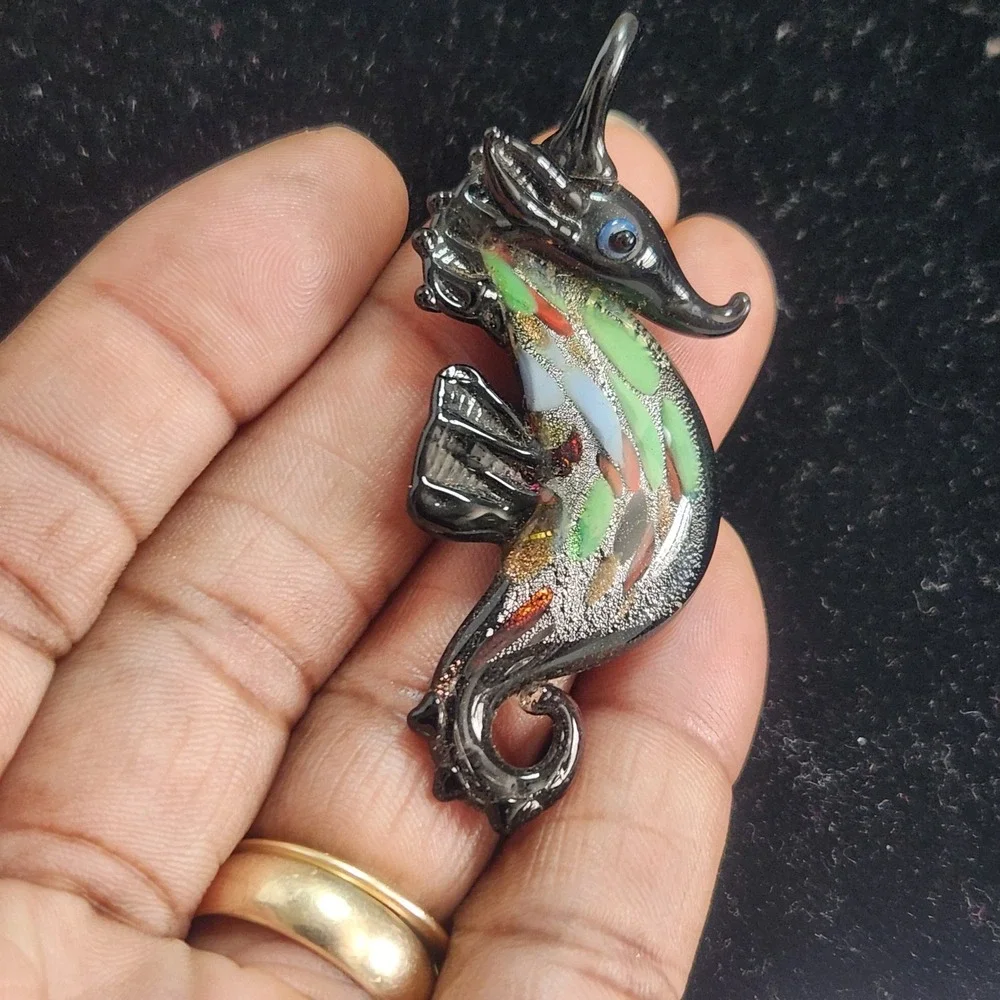 Handblown Lampwork Glass Seahorse Pendant Black Multi Color Dichroic Art Glass‎